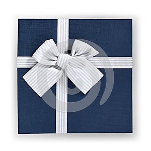 Blue color gift box with ribbon and bow isolated on white background, top view