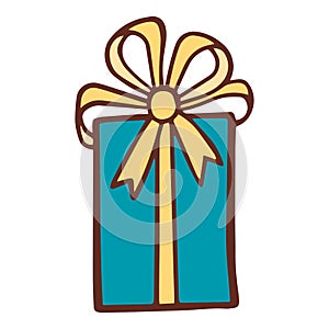 Blue color gift box with yellow ribbon icon, hand drawn style