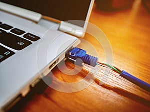 Blue color LAN cable Connect to Laptop
