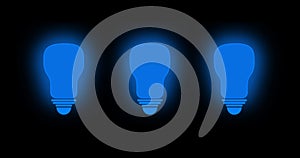 Blue color light bulb glowing on black . animated LED light bulb over 4k resolution.