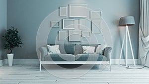 Blue color living room with photo frame interior design idea