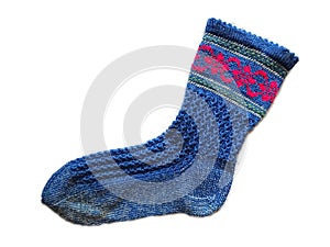 Blue Color Natural Wool Striped Hand Made Knitted Warm Sock Isolated On White Surface