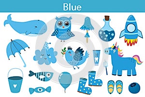 Blue color objects set. Learning colors for kids. Cute elements collection
