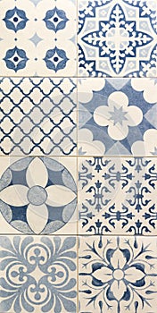 Blue color pattern on white mosaic tiles