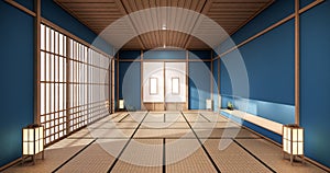 Blue color room design interior with door paper and cabinet shelf wall on tatami mat floor room japanese style. 3D rendering