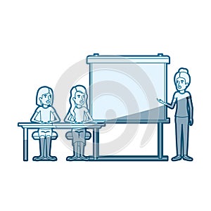 Blue color silhouette shading with couple of women sitting in a desk for female executive in presentacion business photo