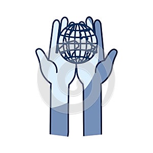 Blue color silhouette shading of front view hands holding in palms a earth globe world charity symbol