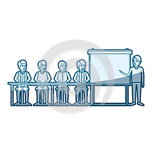 Blue color silhouette shading with men group sitting in a desk for executive male in presentacion business people photo