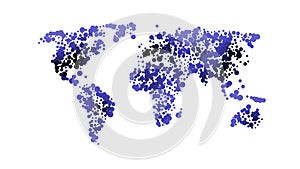 Blue color world map isolated on white background with circles. Abstract flat template. Global concept, vector illustration.