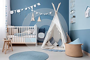 Blue colored baby nursery with cradle and play tent in scandinavian style. Baby boy bedroom. AI generated