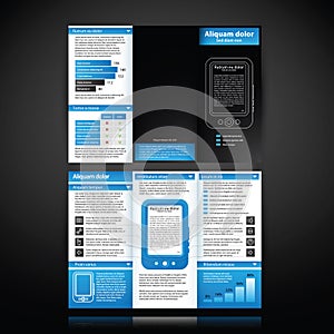 Blue-colored brochure template with tablet pc illustration.