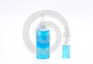 Blue colored cleansing alcohol in dispensor.