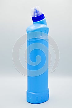 Blue colored plastic detergent bottle. Cosmetic, container. Bottles, dirty.