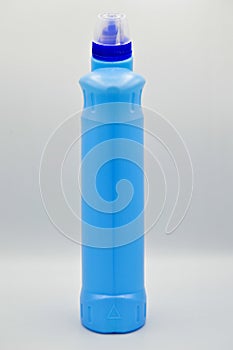 Blue colored plastic detergent bottle. Cosmetic, container. Bottles, dirty.