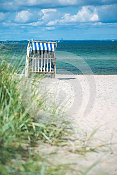 Blue colored roofed chairs on sandy beach in Travemunde. Grass bush in foreground. Germany