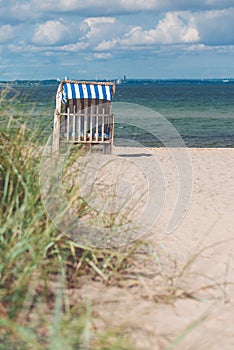 Blue colored roofed chairs on sandy beach in Travemunde. Grass bush in foreground. Germany