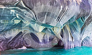 The blue colors of the marble caves in patagonia, chile.