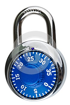 A blue combination pad lock