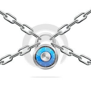 Blue Combination Padlock and Metal Chain. Vector