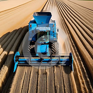 Blue combine harvester agriculture machine harvesting in a field