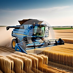 Blue combine harvester agriculture machine harvesting in a field