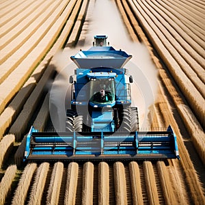 Blue combine harvester agriculture machine harvesting in a field