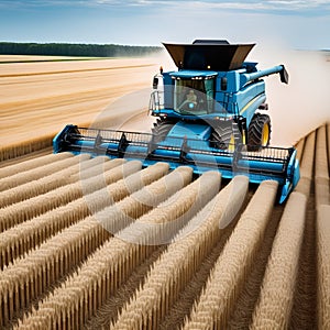 Blue combine harvester agriculture machine harvesting in a field