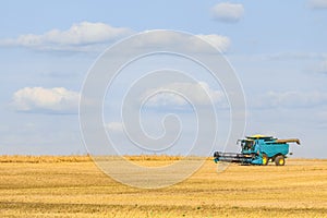 Blue combine harvester working on the harvest in a field