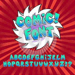 Blue comic book alphabet. Bright comic font set in pop art retro style. Vector illustration eps10