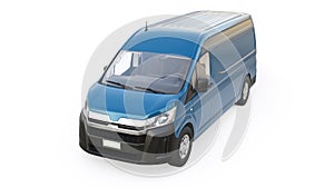 Blue commercial van for transporting small loads in the city on a white background. Blank body for your design. 3d