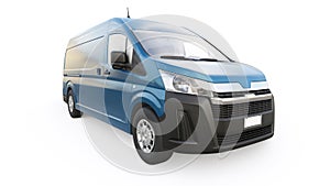 Blue commercial van for transporting small loads in the city on a white background. Blank body for your design. 3d