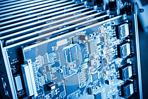 Blue communication circuit board closeup