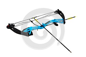 Blue compound bow with arrows isolated on white