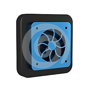 Blue Computer cooler icon isolated on transparent background. PC hardware fan. Black square button.