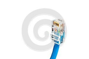 Blue computer ethernet cable isolated on white background, close-up