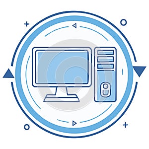Blue Computer Icon in a Circular Frame for Technology and Digital Concepts