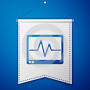 Blue Computer monitor with cardiogram icon isolated on blue background. Monitoring icon. ECG monitor with heart beat