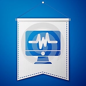 Blue Computer monitor with cardiogram icon isolated on blue background. Monitoring icon. ECG monitor with heart beat
