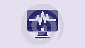 Blue Computer monitor with cardiogram icon isolated on purple background. Monitoring icon. ECG monitor with heart beat