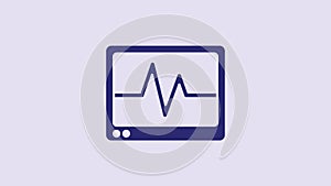 Blue Computer monitor with cardiogram icon isolated on purple background. Monitoring icon. ECG monitor with heart beat