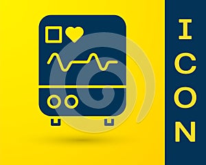 Blue Computer monitor with cardiogram icon isolated on yellow background. Monitoring icon. ECG monitor with heart beat