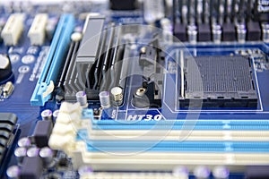 Blue computer motherboard close up Electronic