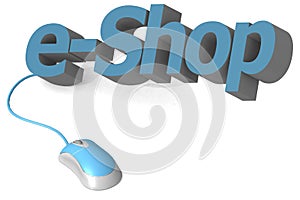 Blue computer mouse and e-shop word