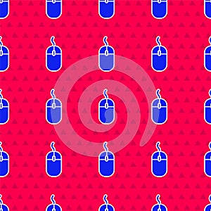 Blue Computer mouse icon isolated seamless pattern on red background. Optical with wheel symbol. Vector Illustration