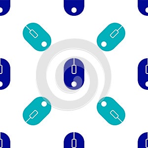 Blue Computer mouse icon isolated seamless pattern on white background. Optical with wheel symbol. Vector Illustration