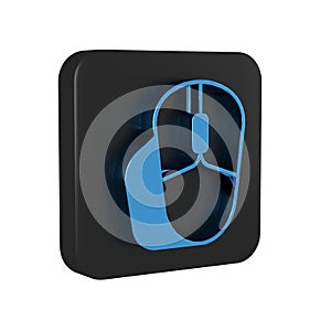 Blue Computer mouse icon isolated on transparent background. Optical with wheel symbol. Black square button.