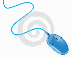 Blue computer mouse with wire on white background