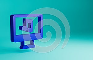 Blue Computer with music note symbol on screen icon isolated on blue background. Minimalism concept. 3D render