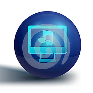 Blue Computer with music note symbol on screen icon isolated on white background. Blue circle button. Vector