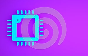 Blue Computer processor with microcircuits CPU icon isolated on purple background. Chip or cpu with circuit board. Micro processor